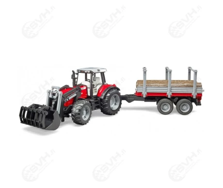 Bruder 02046 Massey Ferguson 7480 traktori etukuormaajalla ja tukkiperakarrylla1 kuva
