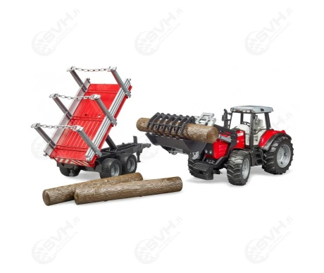 Bruder 02046 Massey Ferguson 7480 traktori etukuormaajalla ja tukkiperakarrylla kuva