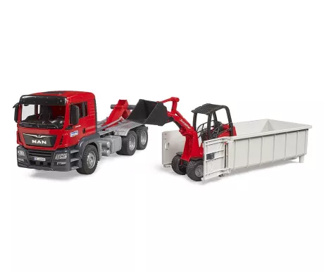 Bruder 03767 MAN TGS kuorma auto vaihtolavalla ja Schaffer pienkuormaaja1 kuva