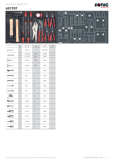 Osaluettelo SON601707 Sonic SFS 570 mm pihtisarja 12 osaa