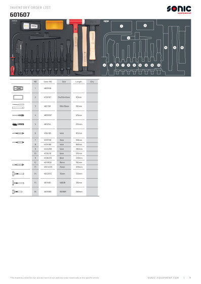 Osaluettelo SON601607 Sonic SFS 570mm tuurna ja vasarasarja 16 osaa
