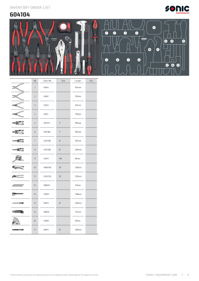 Osaluettelo SON604104 Sonic SFS 570mm pihtisarja 17 osaa