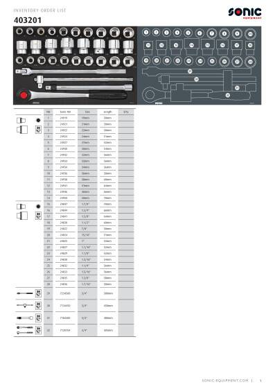Osaluettelo SON403201 Sonic SFS 570 mm 3 4 SAE+metric hylsysarja 32 osaa