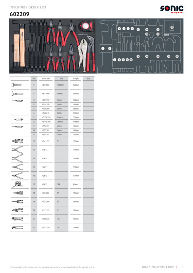 Osaluettelo SON602209 Sonic SFS 570 mm tyokalusarja 22 osaa