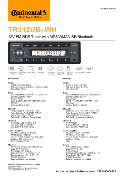 Radio+data+sheet+TR312UB WH+12V D GB v1 Conti Tab