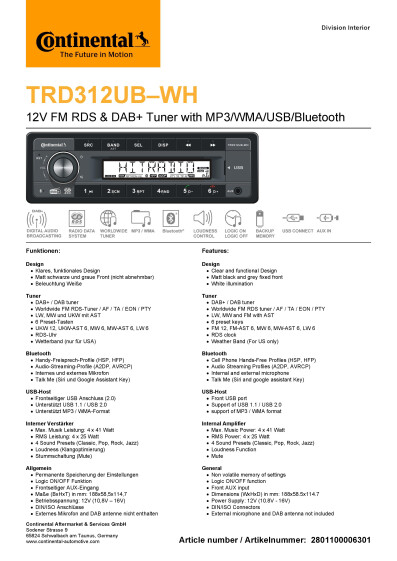 Radio+data+sheet+TRD312UB WH+12V D GB v2 Conti Tab