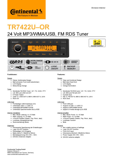 Radio+data+sheet+Continental+TR7422U OR+24V D GB v2