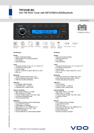 Radio+data+sheet+VDO+TR723UB BU+24V D GB v2 2015 04 14