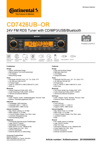 Radio+data+sheet+Continental+CD7426UB OR+24V D GB v1 2016 01 20